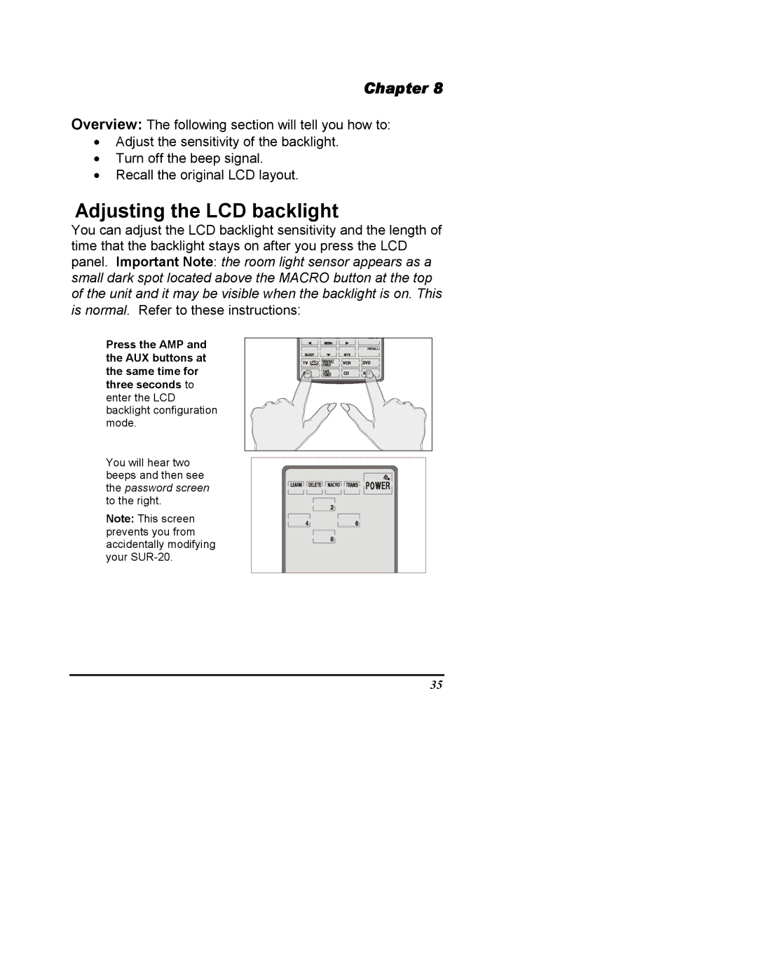 Sima Products SUR-20 user manual Adjusting the LCD backlight 