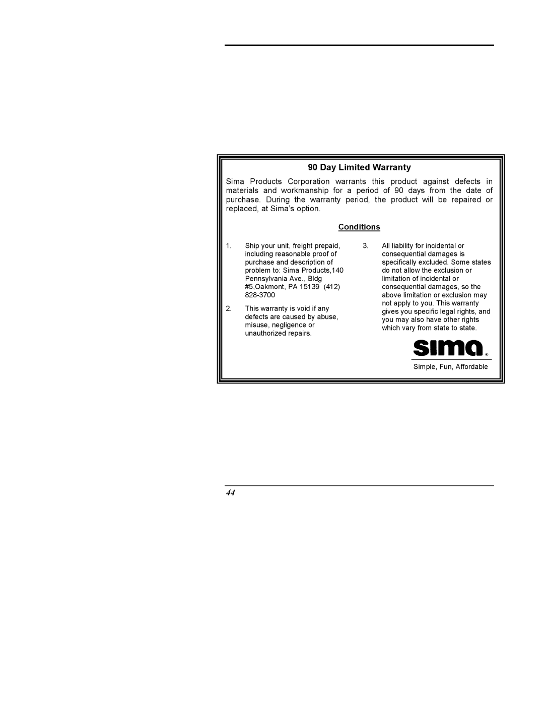 Sima Products SUR-20 user manual Day Limited Warranty 