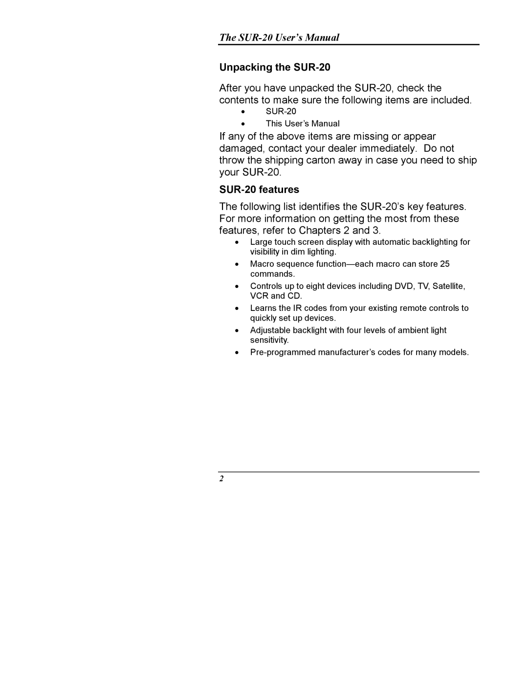 Sima Products user manual Unpacking the SUR-20, SUR-20 features 