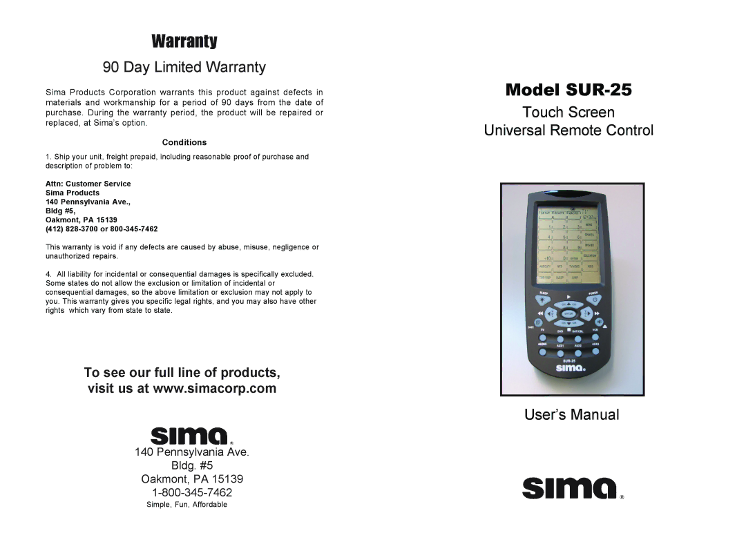 Sima Products SUR-25 user manual Day Limited Warranty 