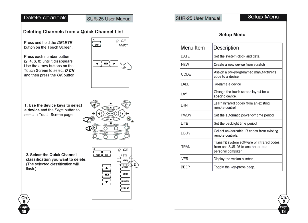 Sima Products SUR-25 user manual Delete channels, Deleting Channels from a Quick Channel List, Setup Menu 