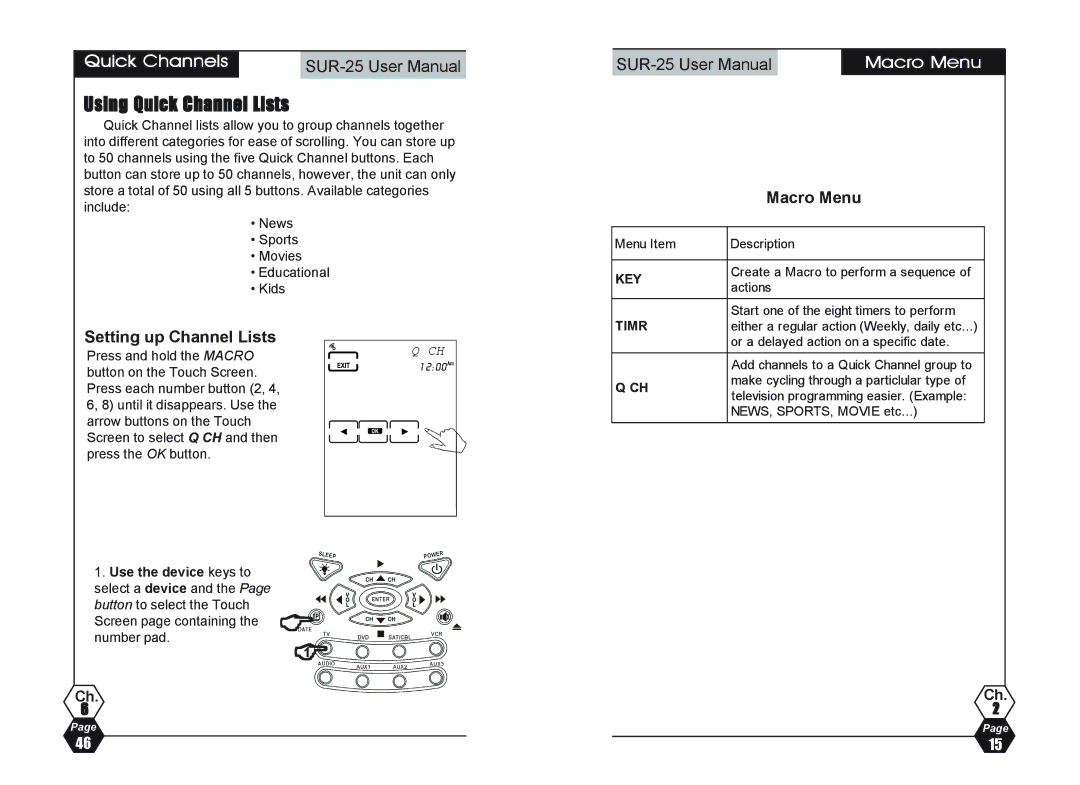 Sima Products SUR-25 user manual Using Quick Channel Lists, Quick Channels, Setting up Channel Lists, Macro Menu 