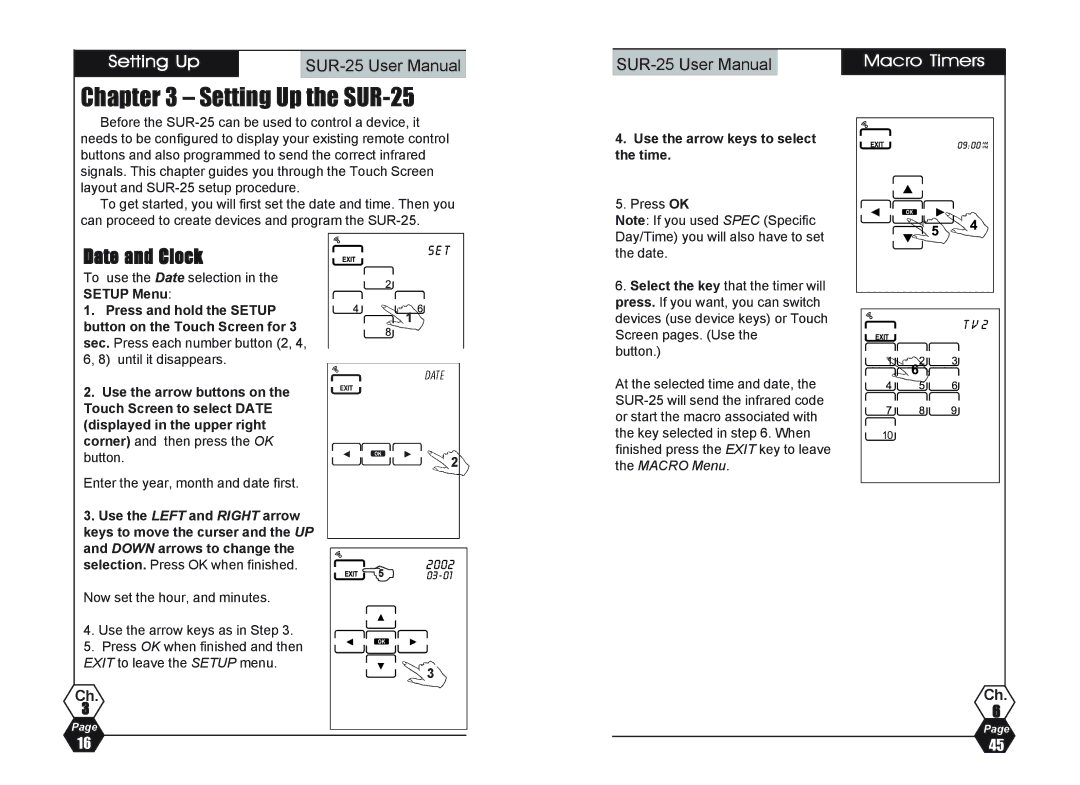 Sima Products user manual Setting Up the SUR-25, Date and Clock, Macro Timers, Use the arrow keys to select the time 