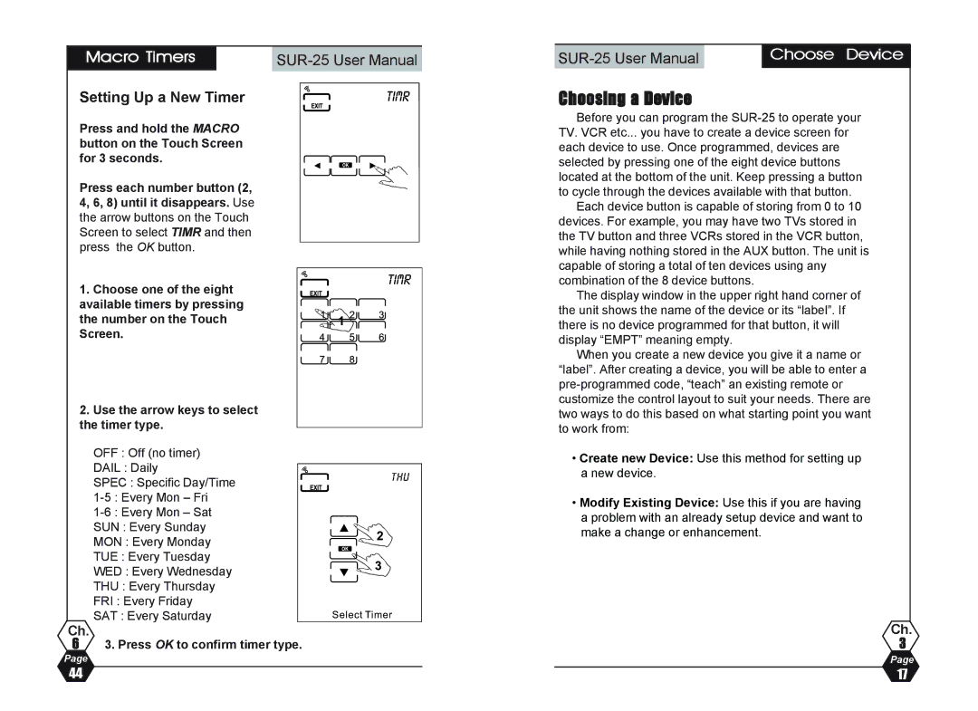 Sima Products SUR-25 user manual Choosing a Device, Setting Up a New Timer, Choose Device, Press OK to confirm timer type 