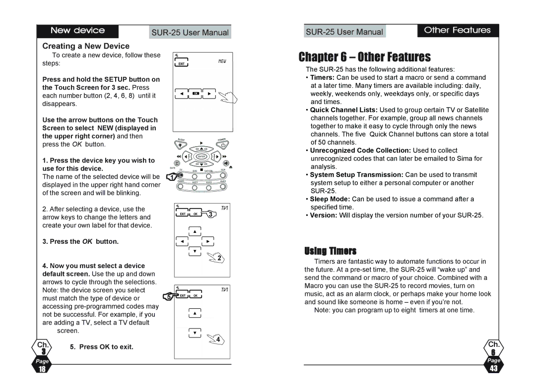 Sima Products SUR-25 user manual Other Features, Using Timers, New device, Creating a New Device 