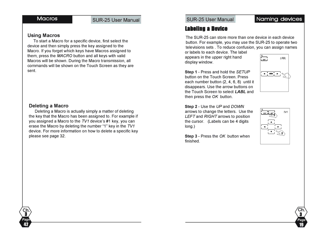 Sima Products SUR-25 user manual Labeling a Device, Using Macros, Naming devices, Deleting a Macro 