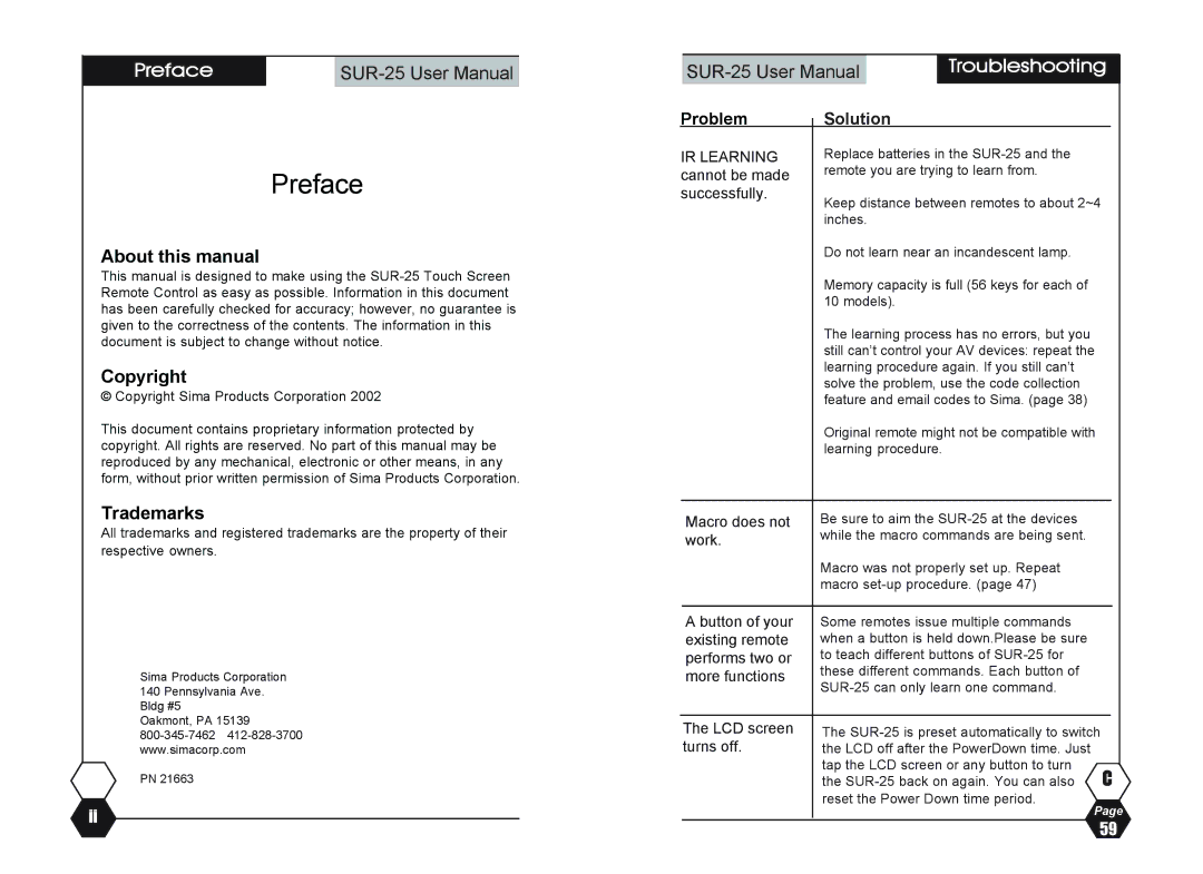 Sima Products SUR-25 user manual Preface, About this manual, Copyright, Trademarks, Troubleshooting 