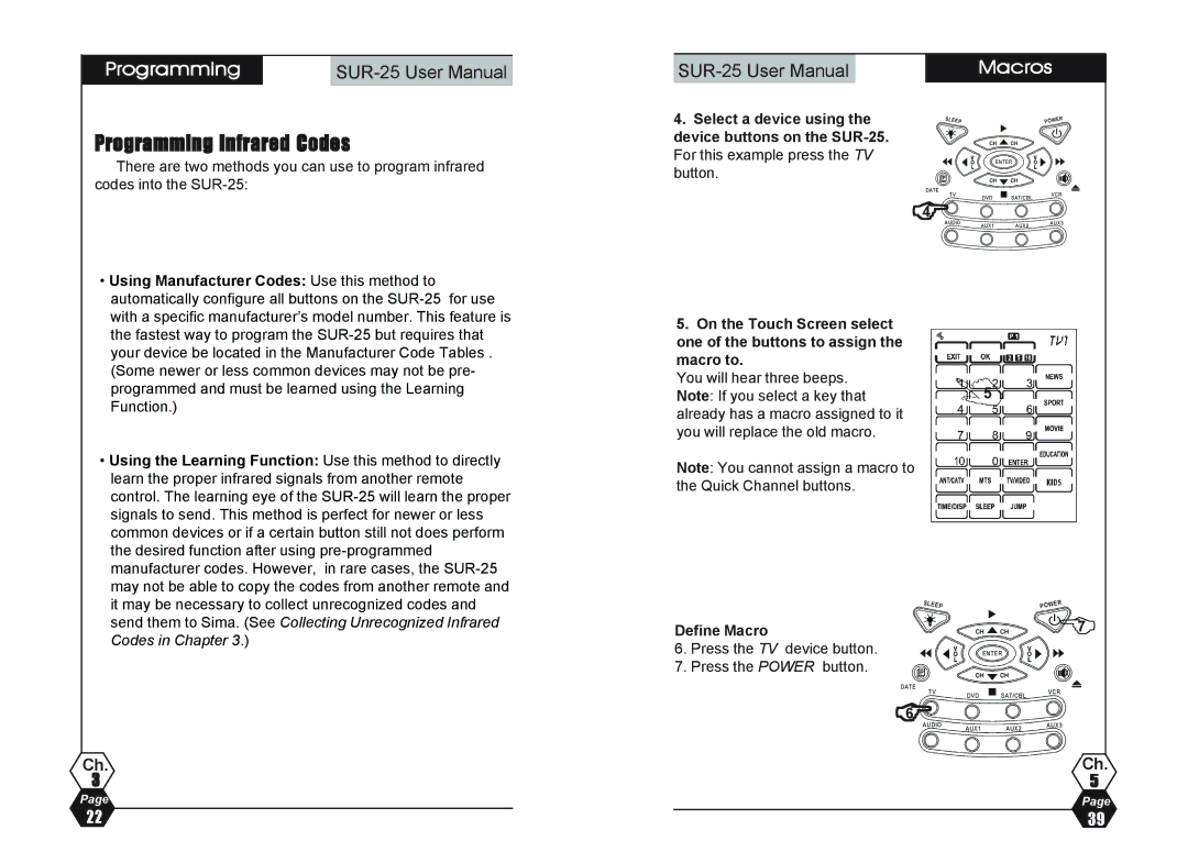 Sima Products SUR-25 user manual Programming Infrared Codes, Define Macro 