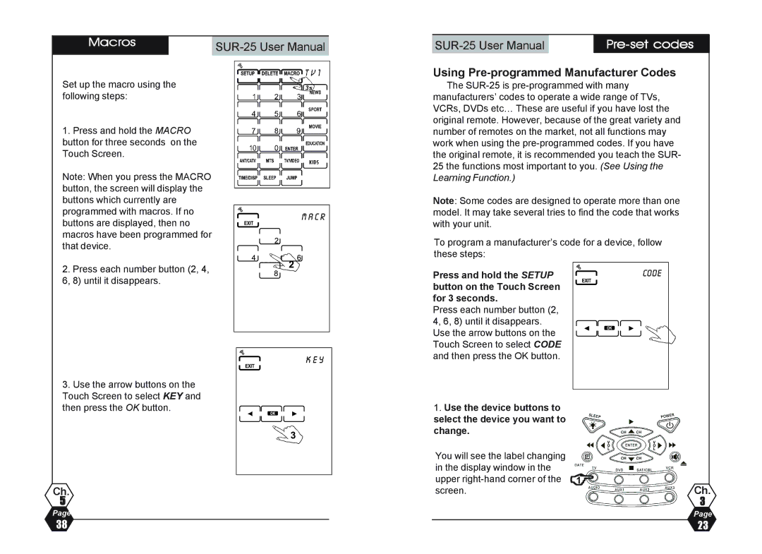 Sima Products SUR-25 user manual Pre-set codes, Using Pre-programmed Manufacturer Codes 