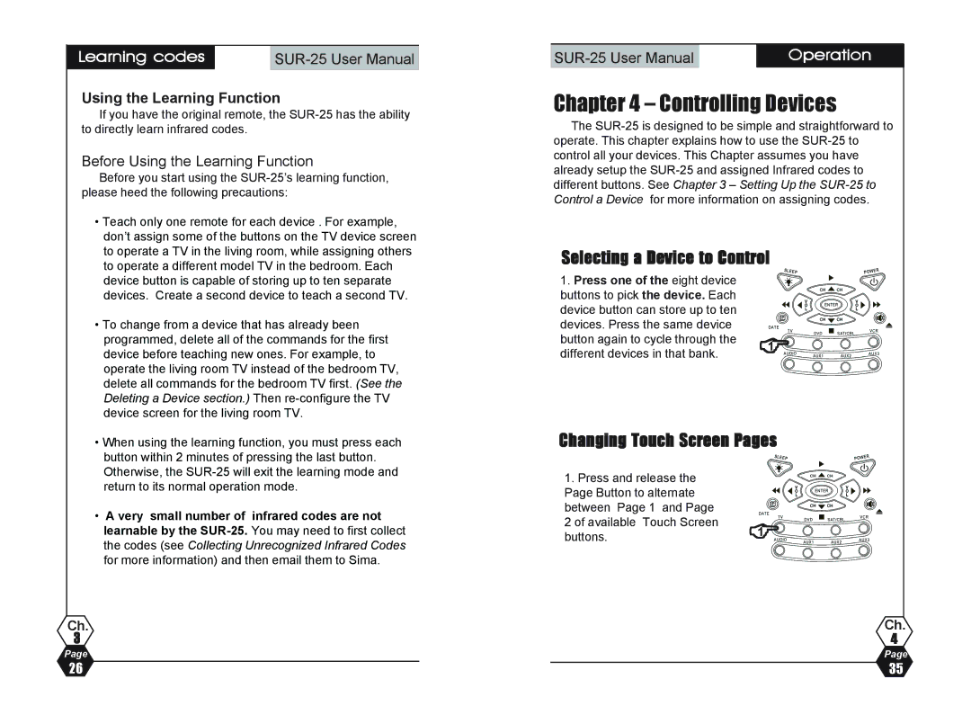 Sima Products SUR-25 Controlling Devices, Selecting a Device to Control, Changing Touch Screen Pages, Learning codes 