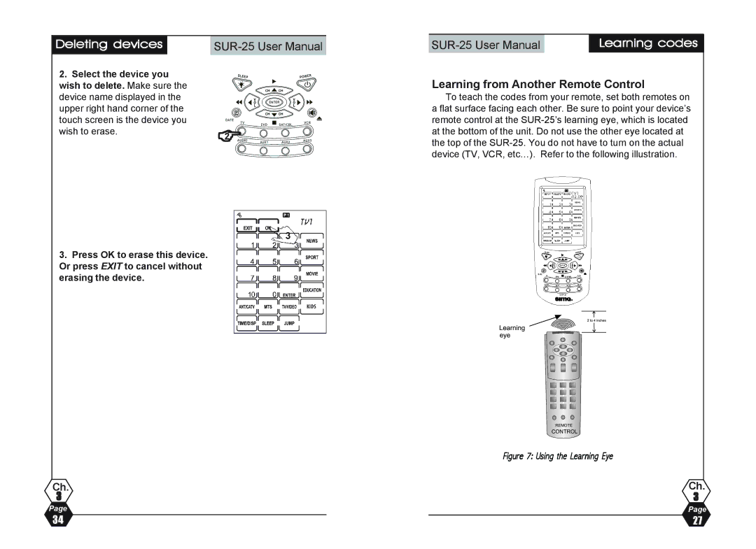 Sima Products SUR-25 user manual Deleting devices, Learning from Another Remote Control 