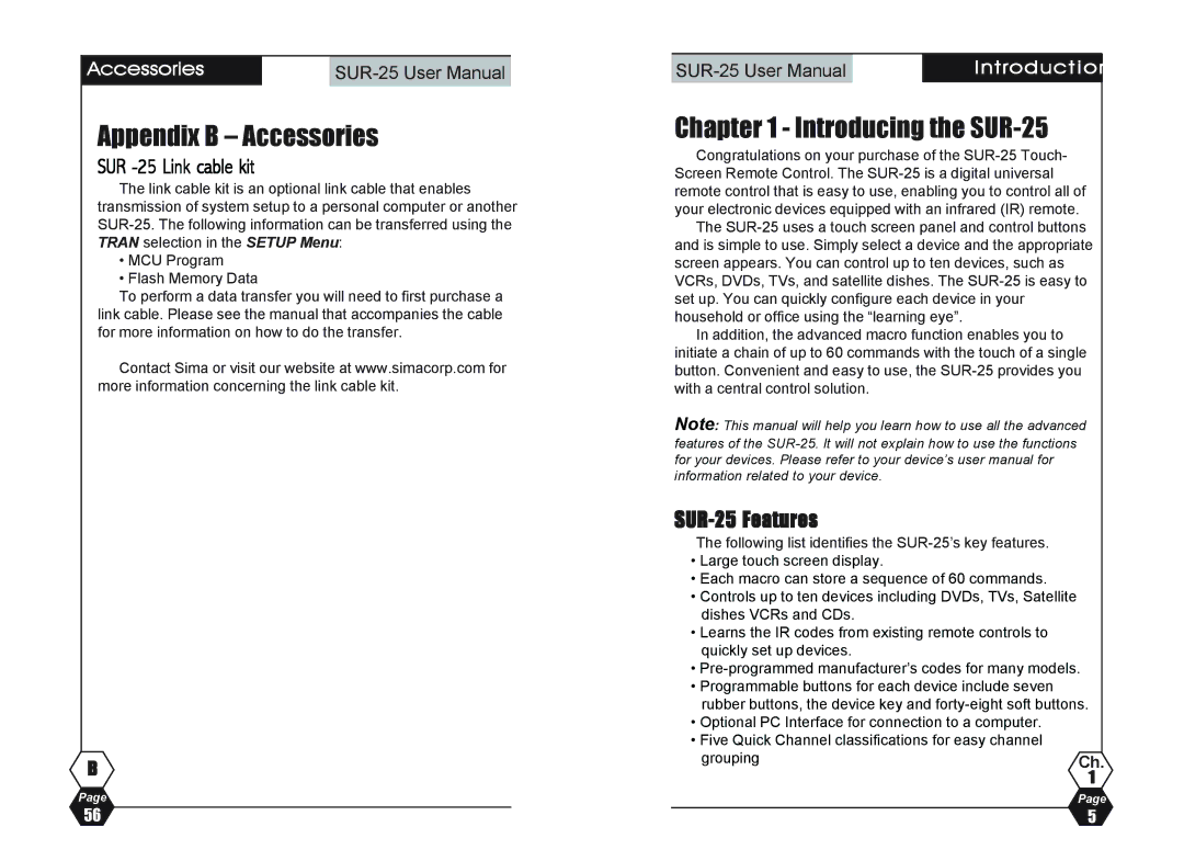 Sima Products user manual Appendix B Accessories, Introducing the SUR-25, SUR-25 Features, Introducti o 