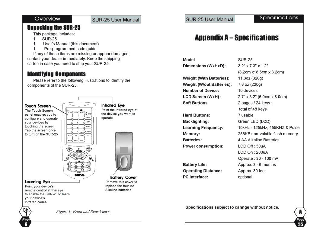 Sima Products user manual Appendix a Specifications, Unpacking the SUR-25, Identifying Components, Overview 