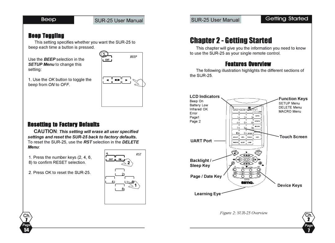 Sima Products SUR-25 user manual Getting Started, Beep Toggling, Features Overview, Resetting to Factory Defaults 