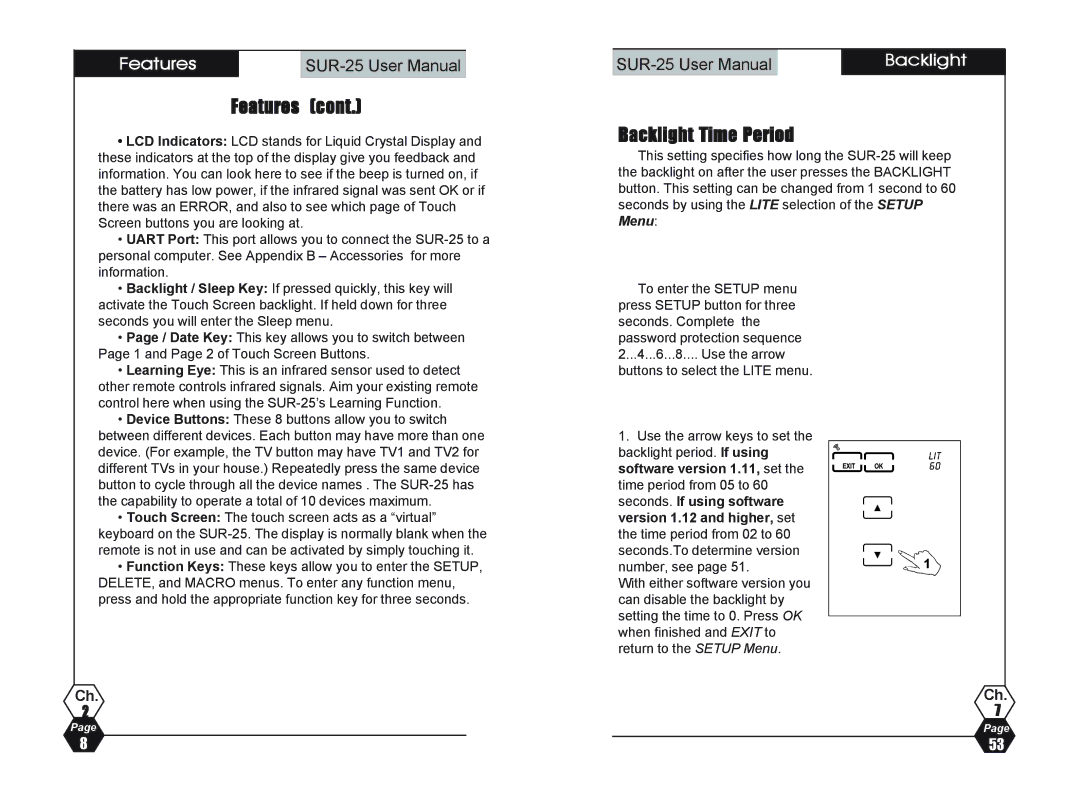 Sima Products SUR-25 user manual Features, Backlight Time Period 