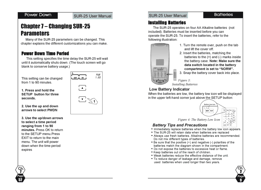 Sima Products user manual Changing SUR-25 Parameters, Power Down Time Period, Installing Batteries 