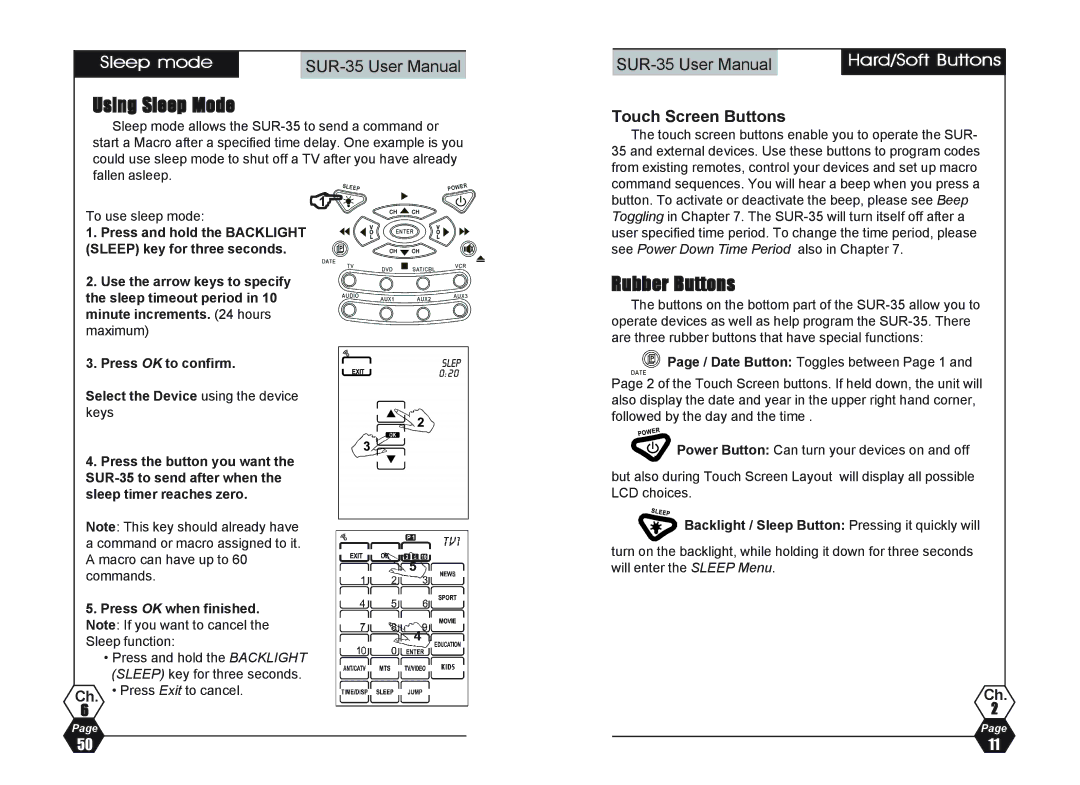 Sima Products SUR-35 user manual Using Sleep Mode, Rubber Buttons, Sleep mode, Touch Screen Buttons, Hard/Soft Buttons 