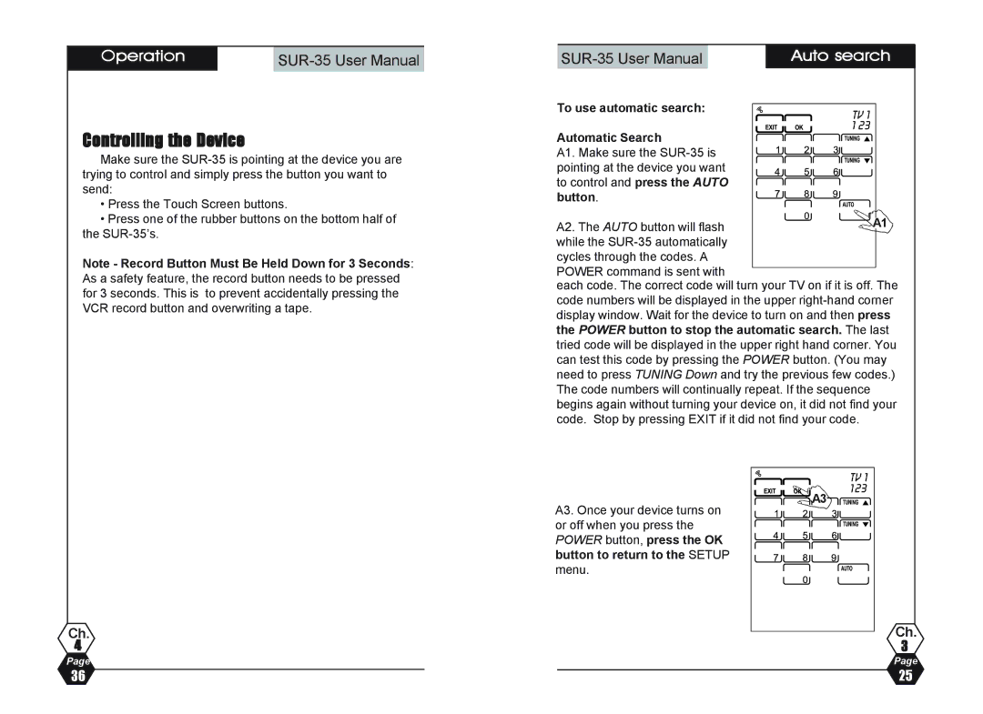 Sima Products SUR-35 Controlling the Device, Operation, Auto search, To use automatic search Automatic Search, Button 