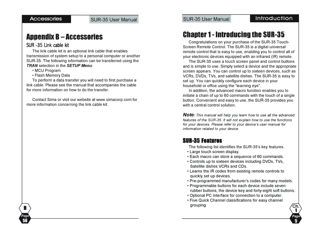 Sima Products user manual Appendix B Accessories, Introducing the SUR-35, SUR-35 Features, Introducti on 