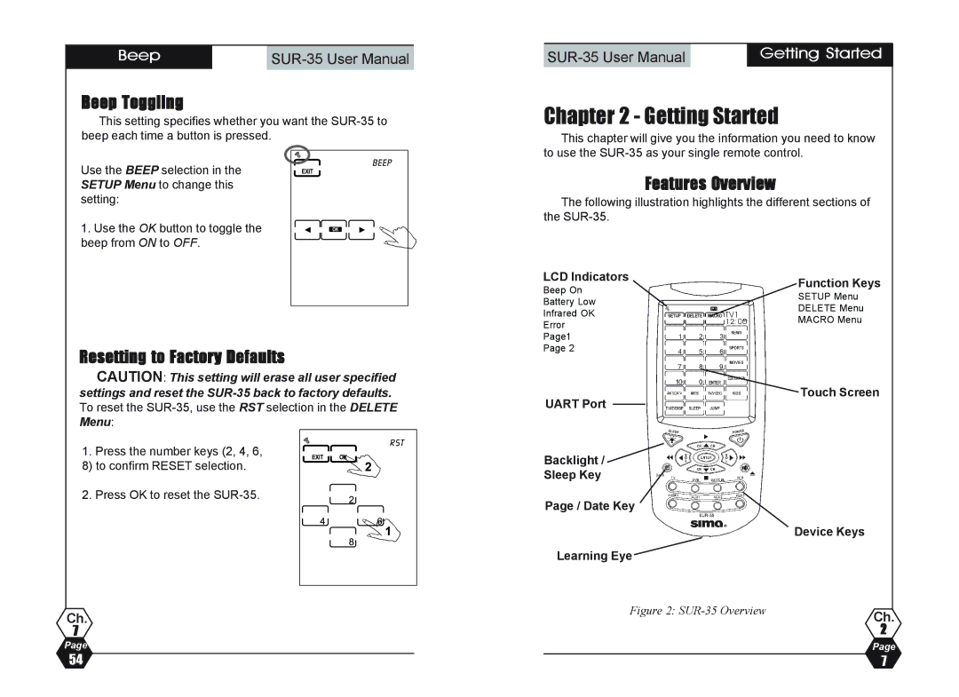 Sima Products SUR-35 user manual Getting Started, Beep Toggling, Features Overview, Resetting to Factory Defaults 