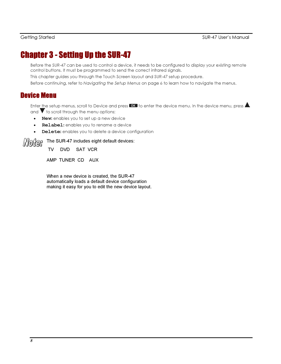 Sima Products user manual Setting Up the SUR-47, Device Menu 