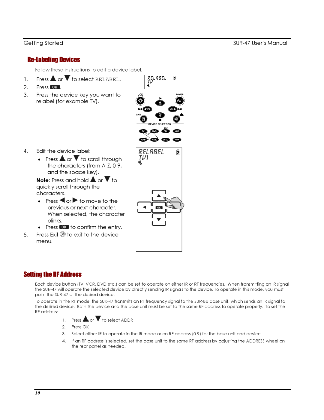 Sima Products SUR-47 user manual Re-Labeling Devices, Setting the RF Address 