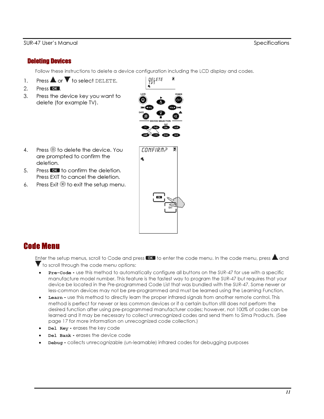 Sima Products SUR-47 user manual Code Menu, Deleting Devices 