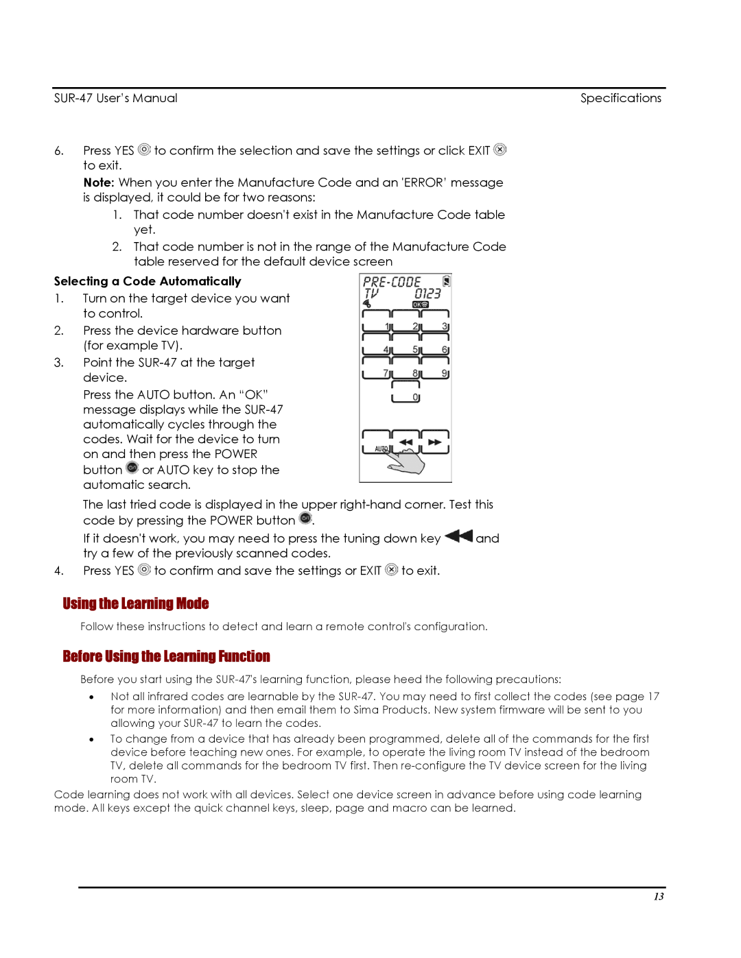 Sima Products SUR-47 user manual Using the Learning Mode, Before Using the Learning Function 