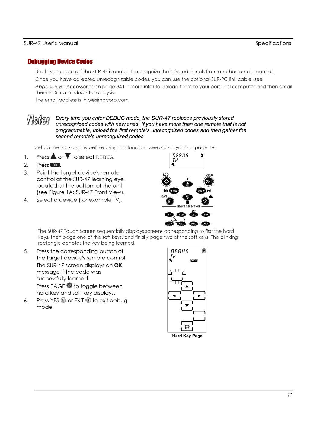 Sima Products SUR-47 user manual Debugging Device Codes 