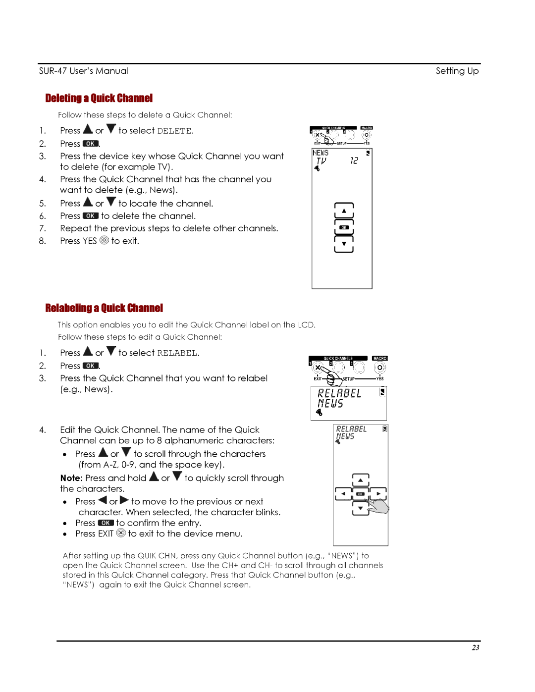 Sima Products SUR-47 user manual Deleting a Quick Channel, Relabeling a Quick Channel 