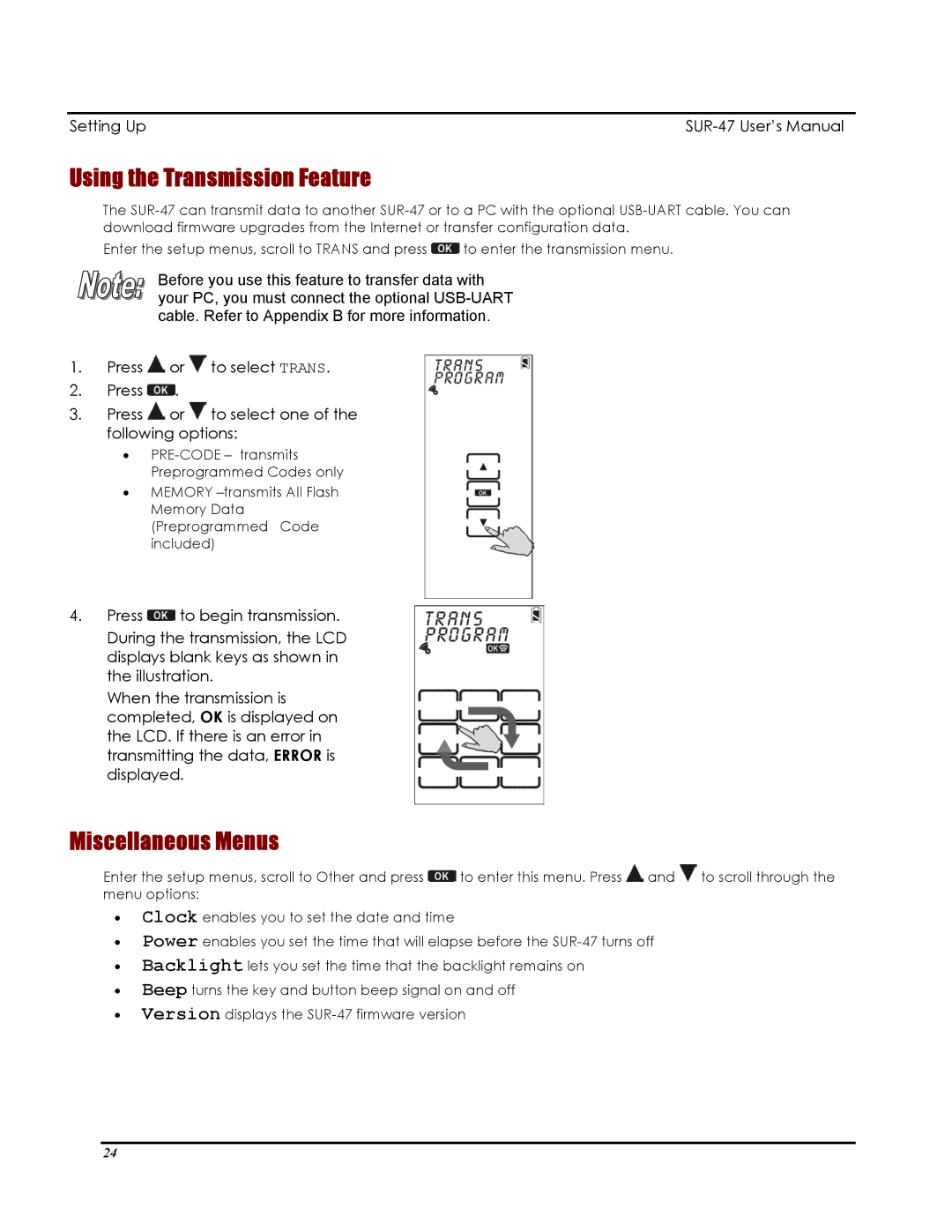 Sima Products SUR-47 user manual Using the Transmission Feature, Miscellaneous Menus 