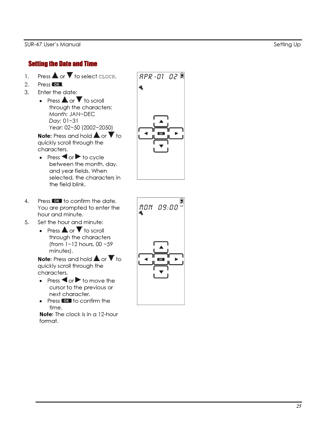 Sima Products SUR-47 user manual Setting the Date and Time 