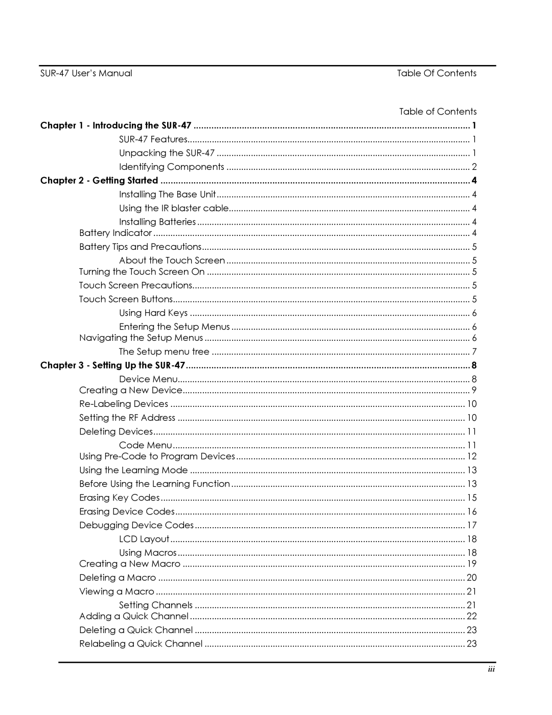 Sima Products user manual SUR-47 User’s Manual Table Of Contents Table of Contents 