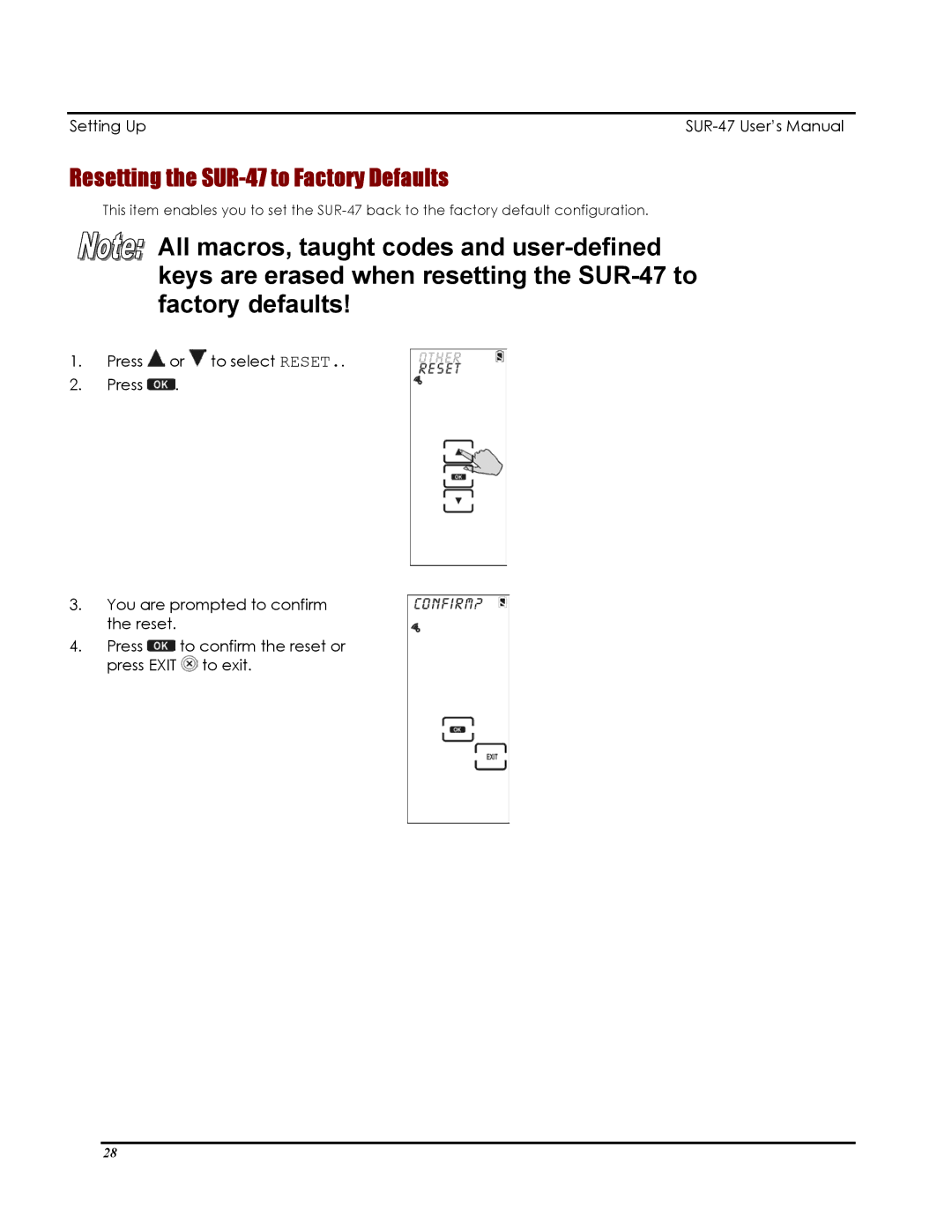 Sima Products user manual Resetting the SUR-47 to Factory Defaults 