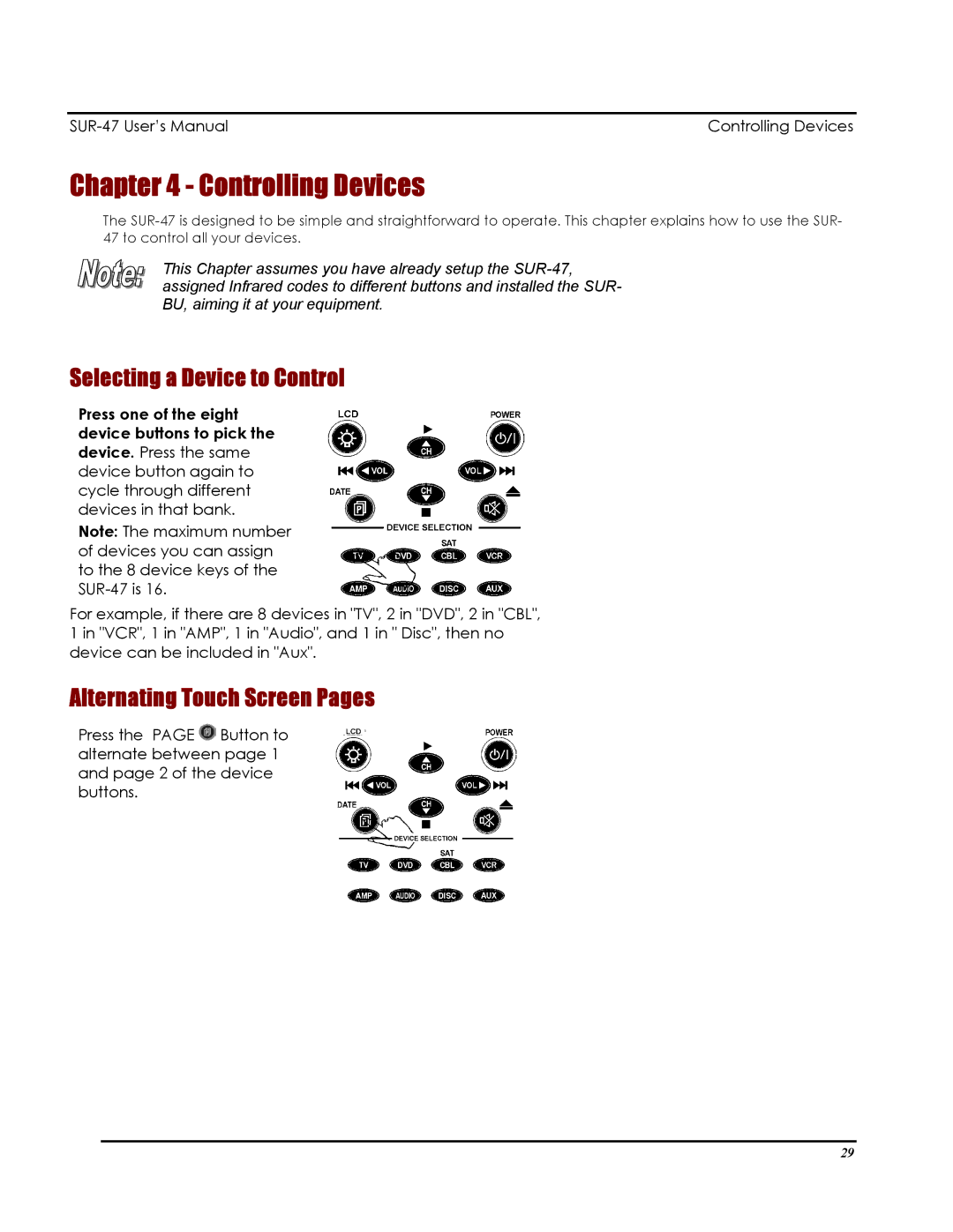 Sima Products SUR-47 user manual Controlling Devices, Selecting a Device to Control, Alternating Touch Screen Pages 