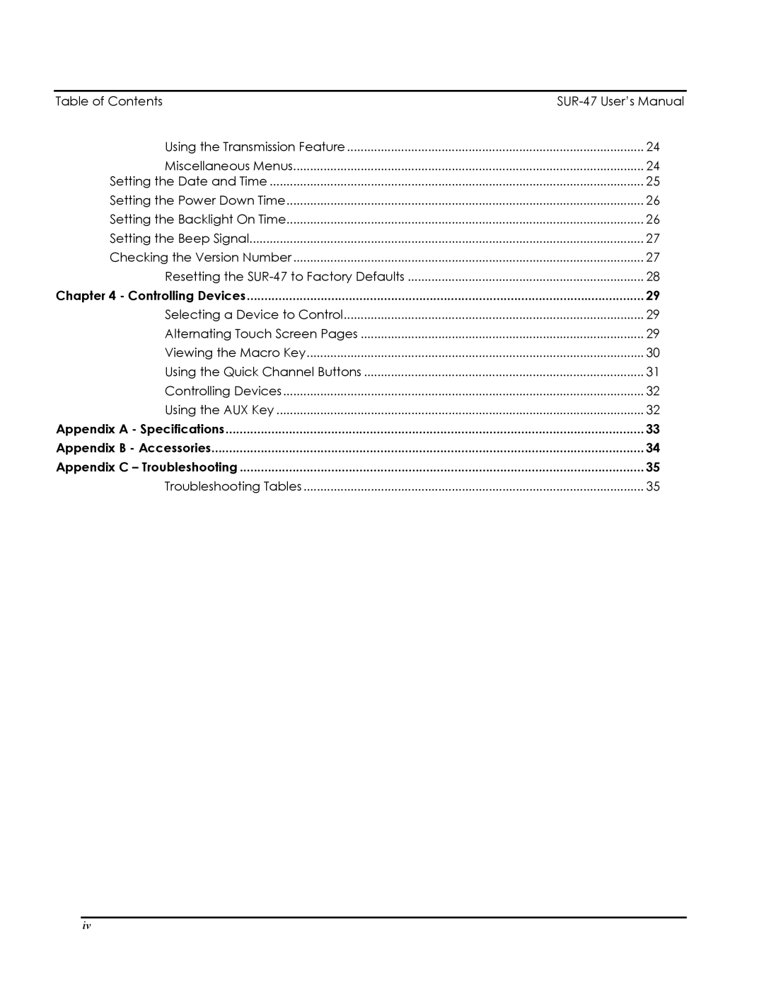 Sima Products user manual Table of Contents SUR-47 User’s Manual 