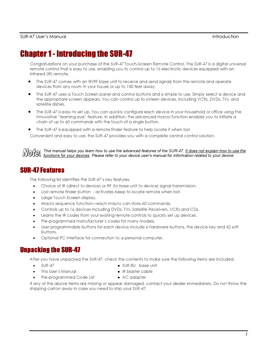 Sima Products user manual Introducing the SUR-47, SUR-47 Features, Unpacking the SUR-47 