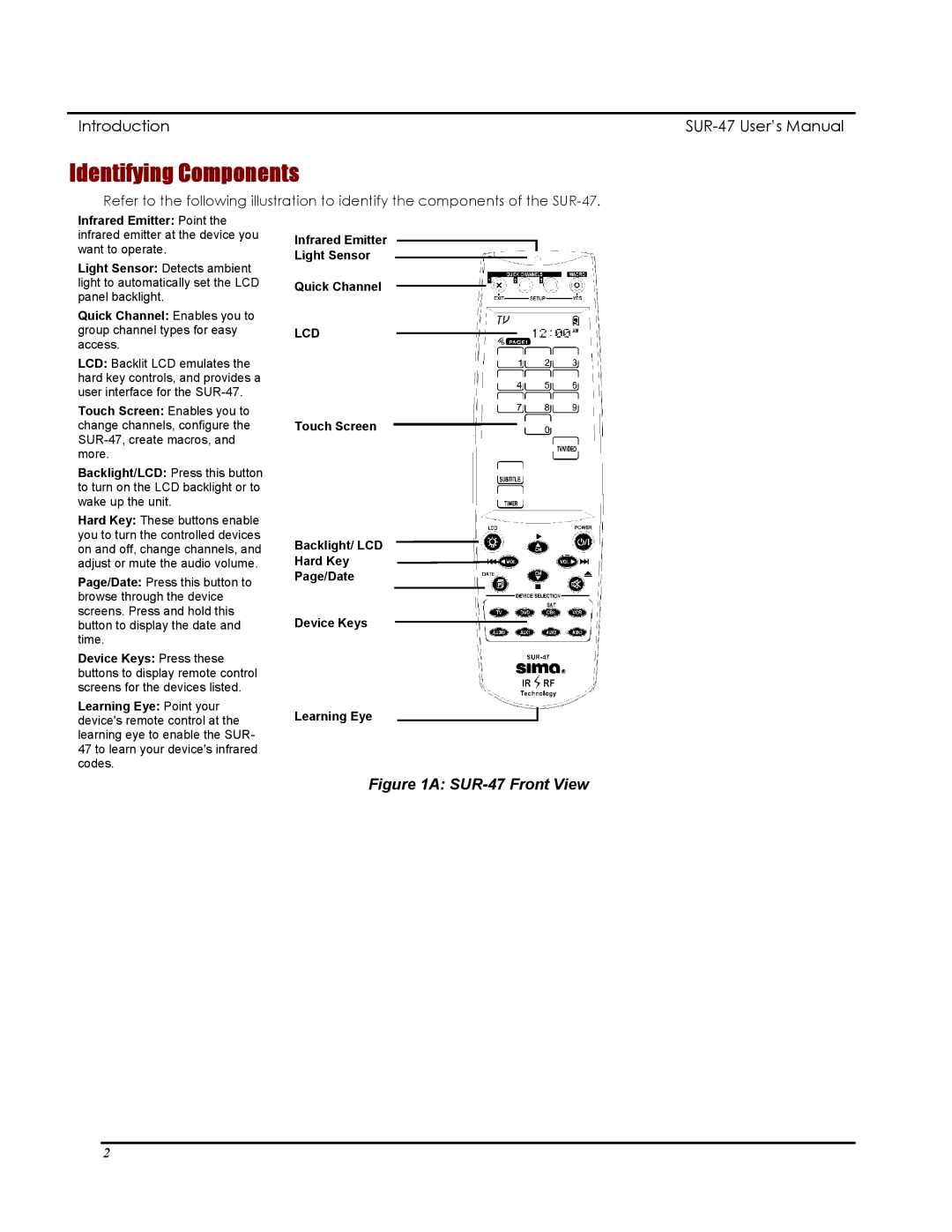 Sima Products user manual Identifying Components, SUR-47 Front View 