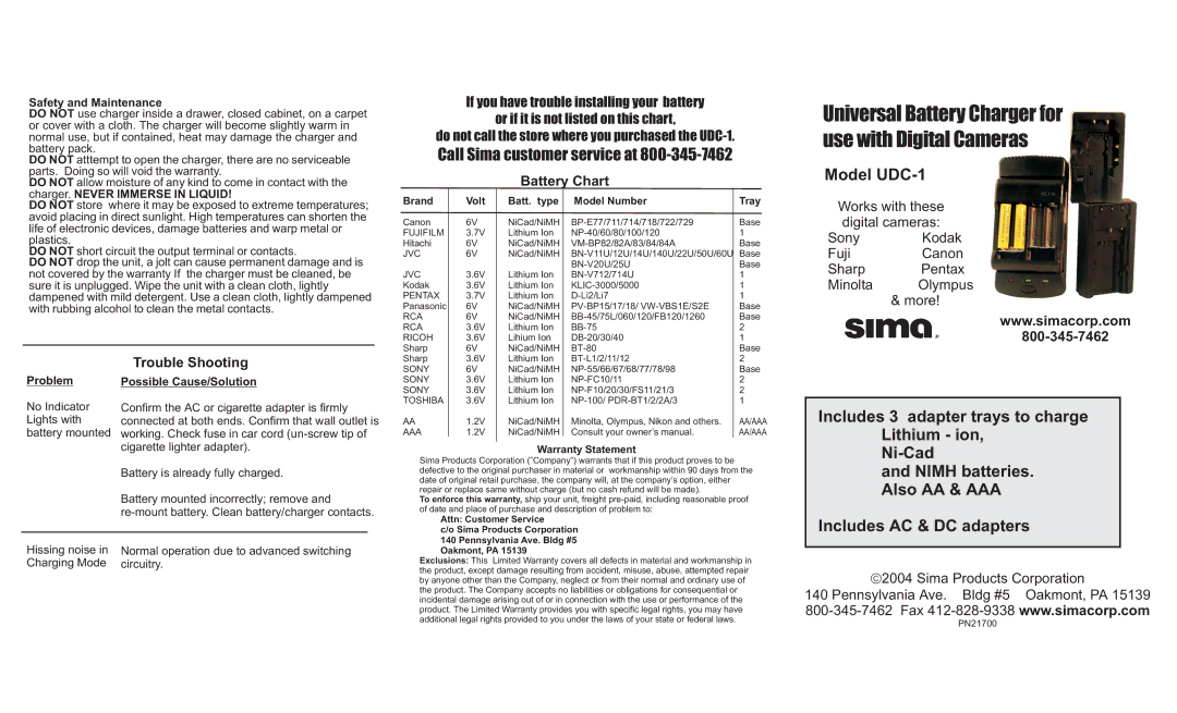 Sima Products warranty Model UDC-1, Includes 3 adapter trays to charge Lithium ion, Battery Chart, Trouble Shooting 