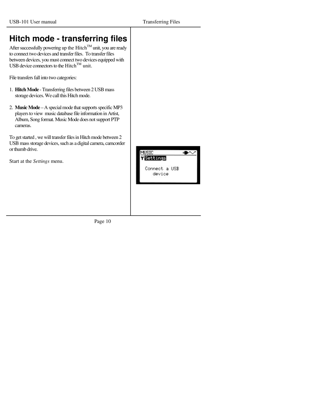 Sima Products USB-101 manual Hitch mode transferring files 