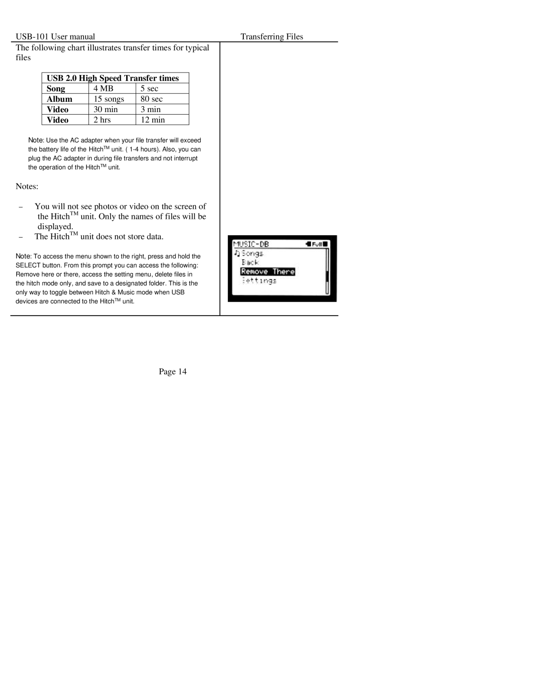 Sima Products USB-101 manual USB 2.0 High Speed Transfer times, Song, Album, Video 