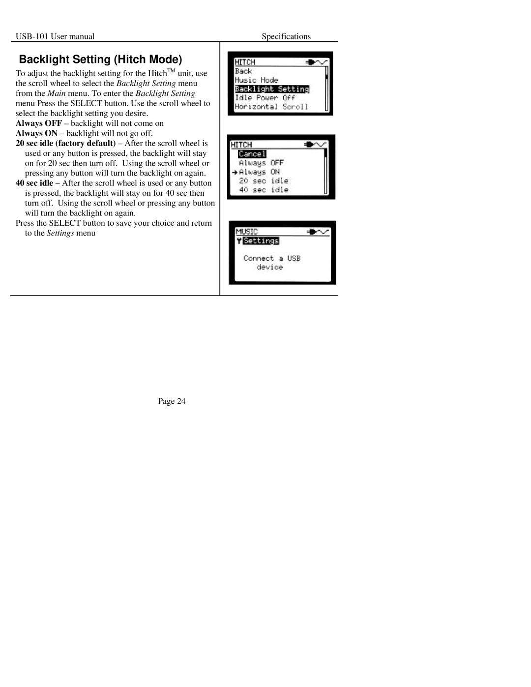 Sima Products USB-101 manual Backlight Setting Hitch Mode 