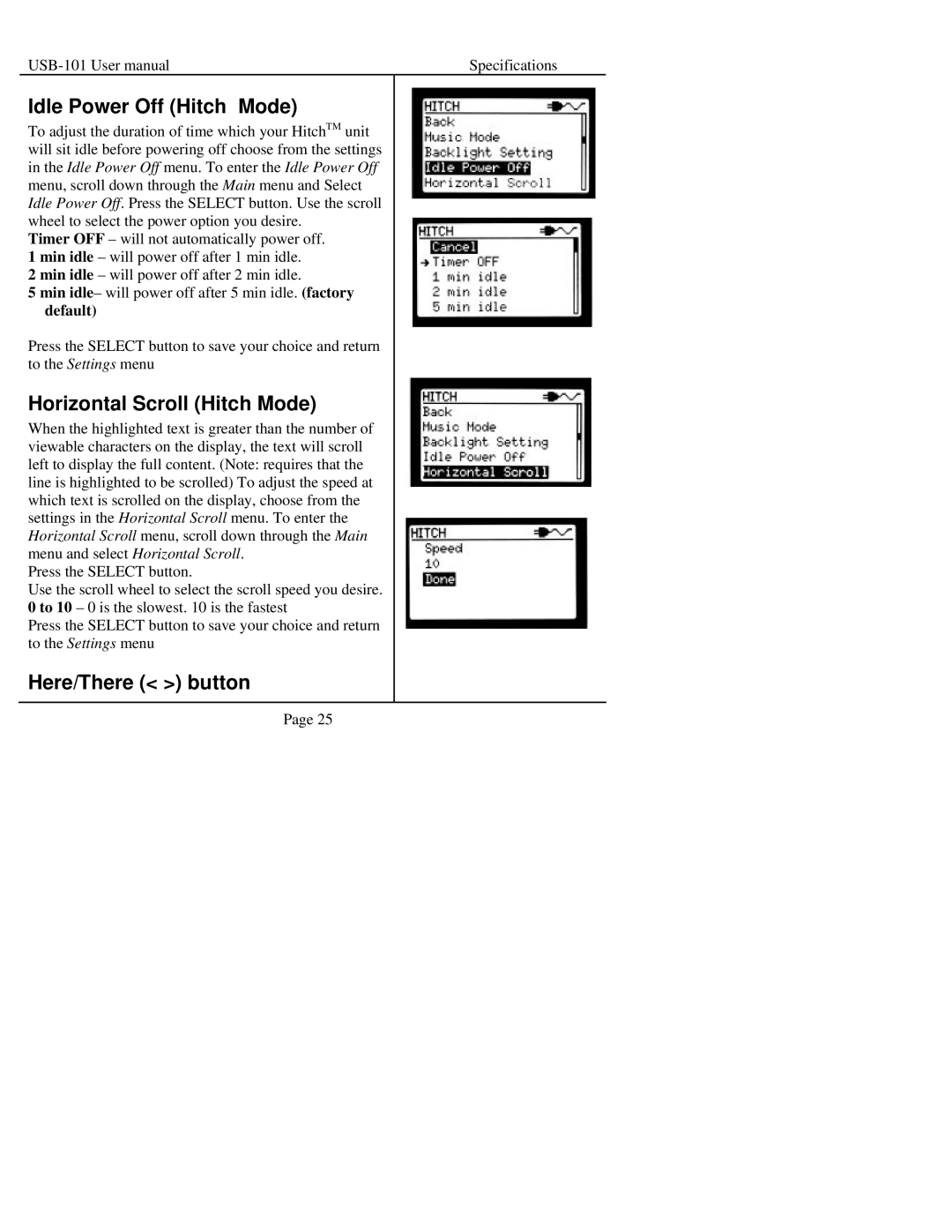Sima Products USB-101 manual Idle Power Off Hitch Mode, Horizontal Scroll Hitch Mode, Here/There button 
