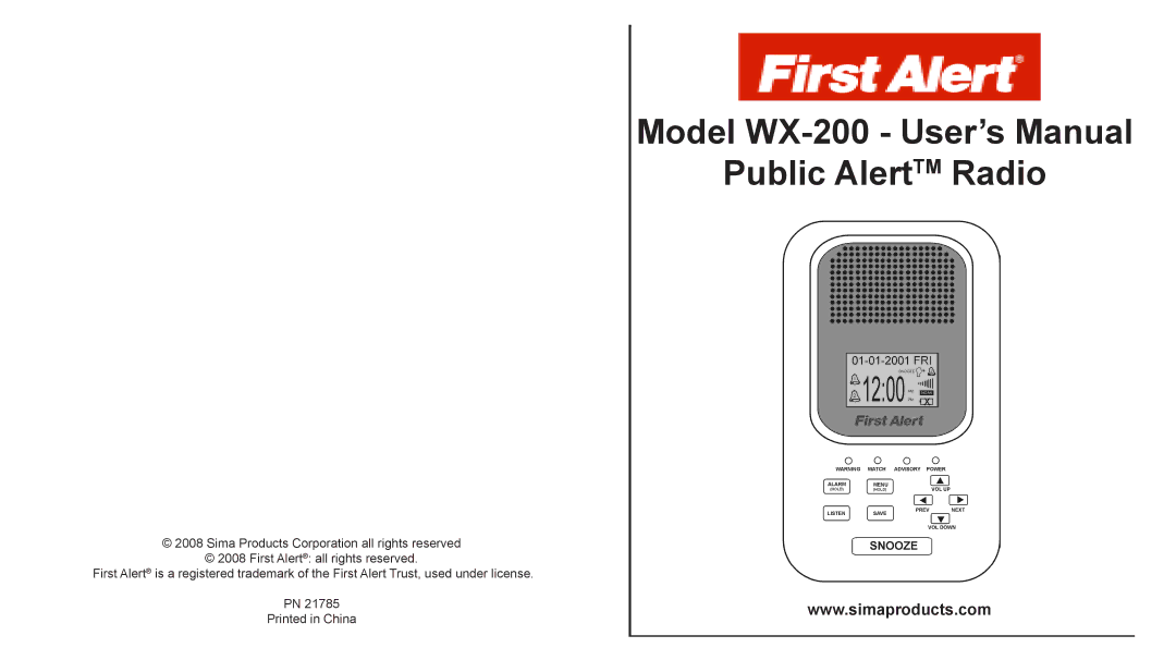 Sima Products user manual Model WX-200 User’s Manual Public AlertTM Radio 