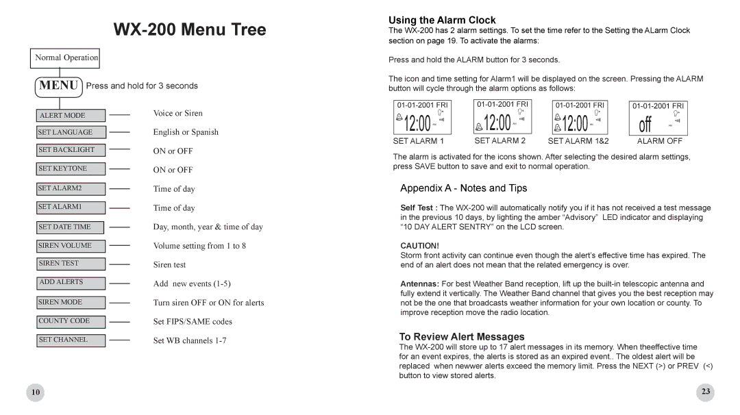 Sima Products WX-200 user manual Using the Alarm Clock, To Review Alert Messages 