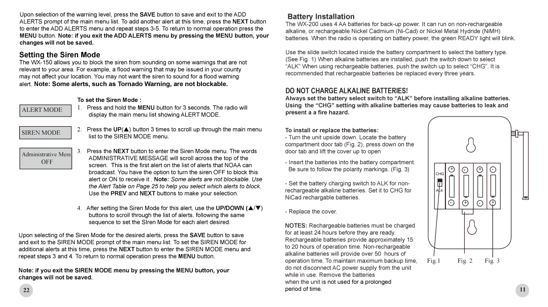 Sima Products WX-200 Setting the Siren Mode, Battery Installation, Alert Mode Siren Mode, Off, To set the Siren Mode 