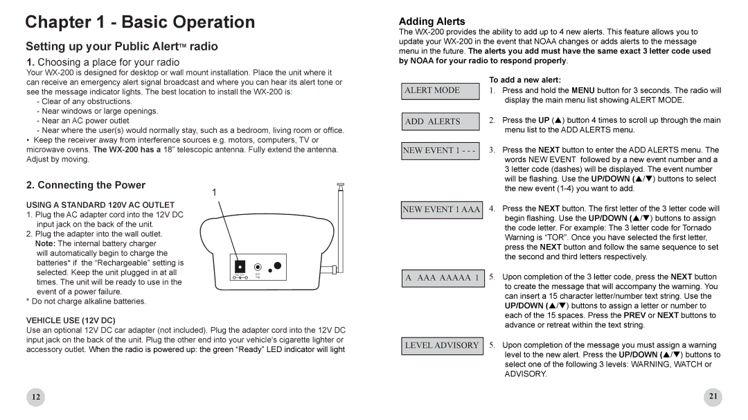 Sima Products WX-200 user manual Adding Alerts, Connecting the Power, Alert Mode ADD Alerts, NEW Event 1 AAA, AAA Aaaaa 