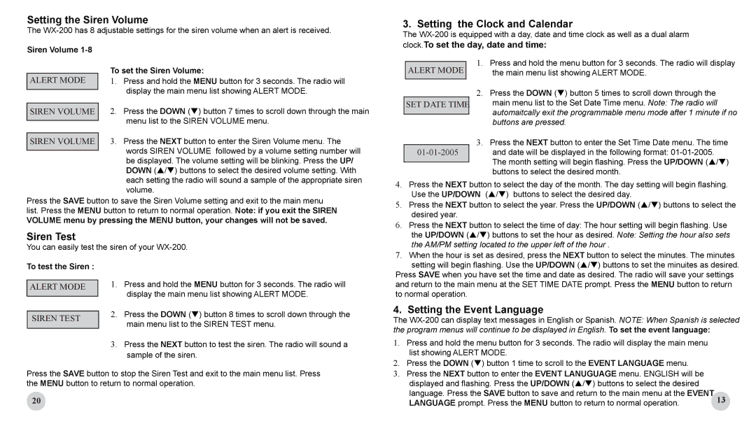 Sima Products WX-200 Setting the Siren Volume, Setting the Clock and Calendar, Siren Test, Setting the Event Language 