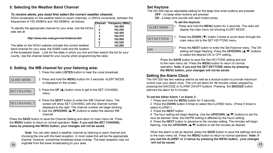 Sima Products WX-200 Selecting the Weather Band Channel, Set Keytone, Setting the WB channel for your listening area 