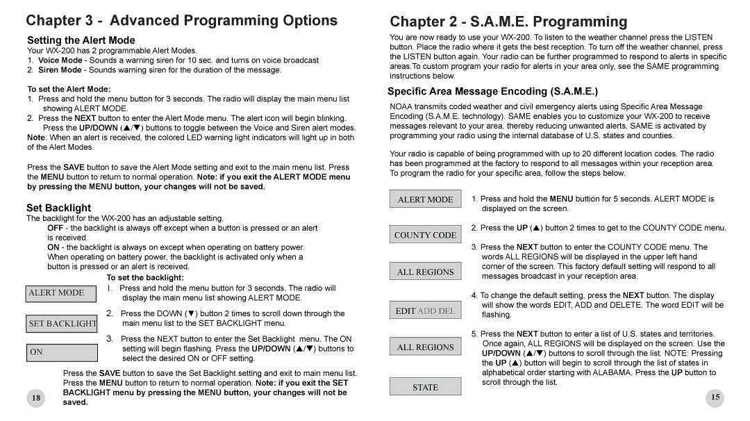 Sima Products WX-200 user manual Setting the Alert Mode, Specific Area Message Encoding S.A.M.E, Set Backlight 
